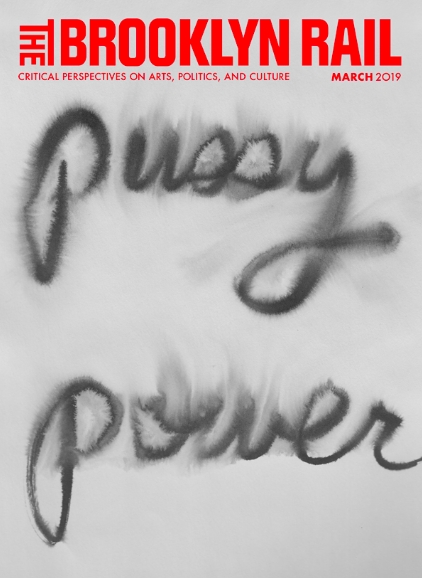 Cover of Brooklyn Rail: Red title text, underneath it reads "Pussy Power" in blurry black script covering the whole page. Background is grey